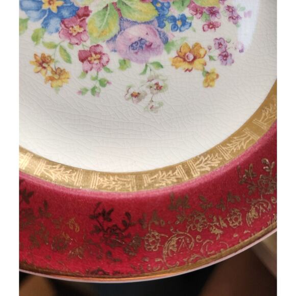 PLATES-BREAD-BUTTER-CENTURY BY SALEM-23K Gold Encrusted-Burgundy-Floral-Set of 4 - Picture 6 of 16